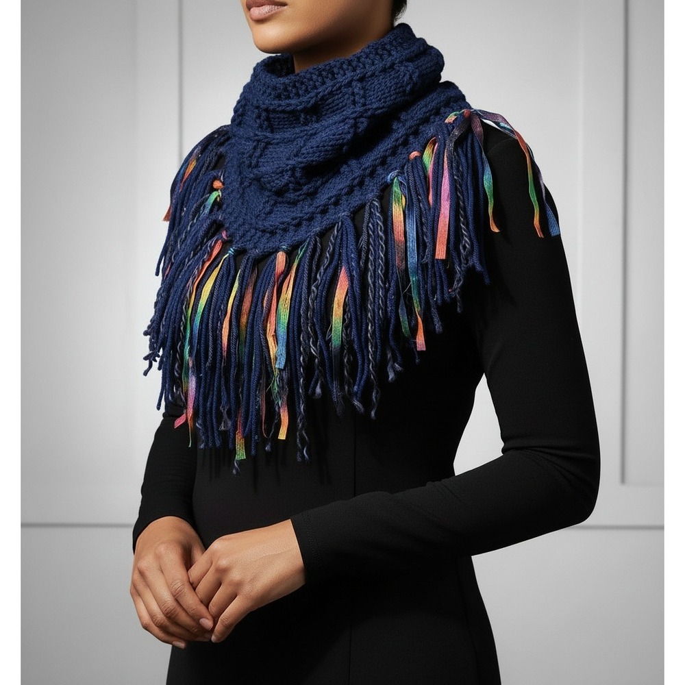 NEW Hand Knitted Navy Blue Multi Boho Cowl Scarf Fringe Indie Artsy Cottage Chic